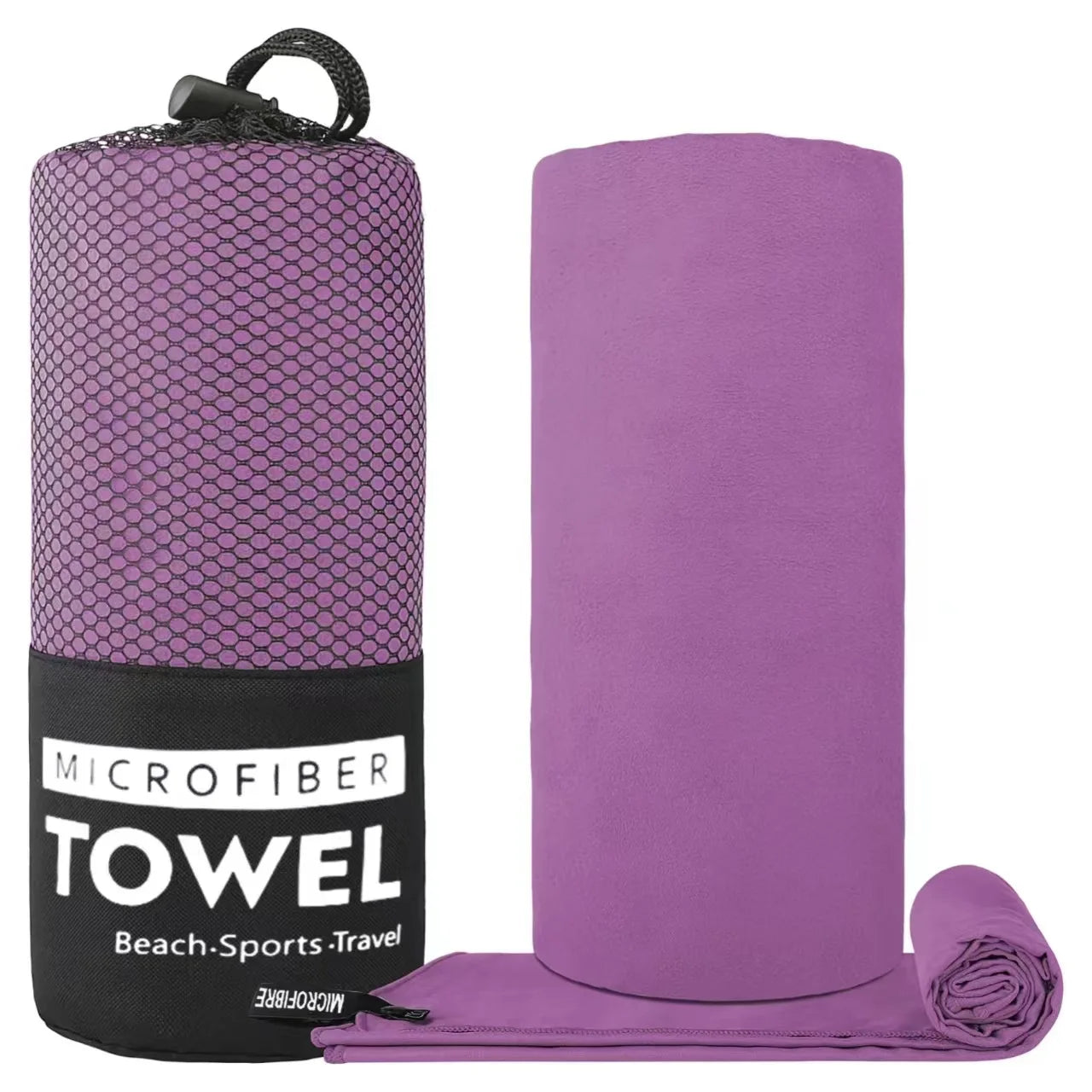A purple microfibre towel beside its black mesh carry bag, which is labelled for beach, sports, and travel.