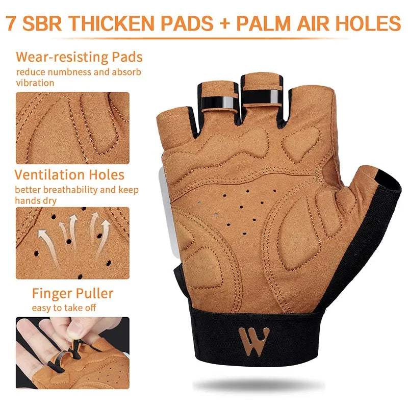 Tan fingerless cycling gloves with thick SBR palm padding, ventilation holes, and black finger pull tabs.