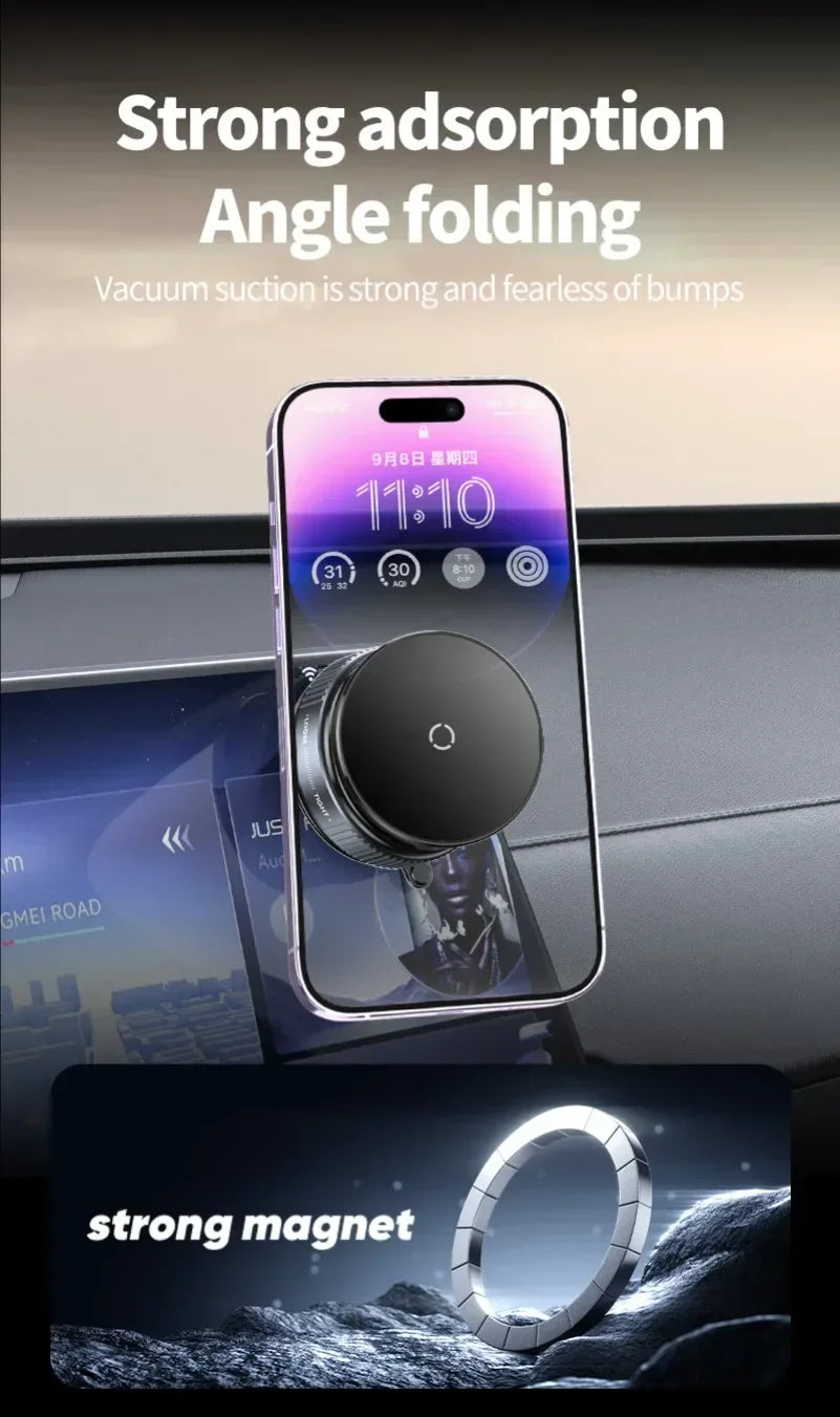 A black, round, folding magnetic phone mount attached to a smartphone on a car dashboard.