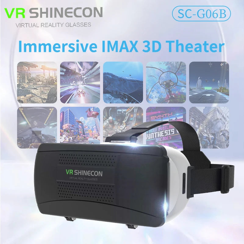 Black and white VR Shinecon 3D headset with adjustable black head strap and vented front panel.