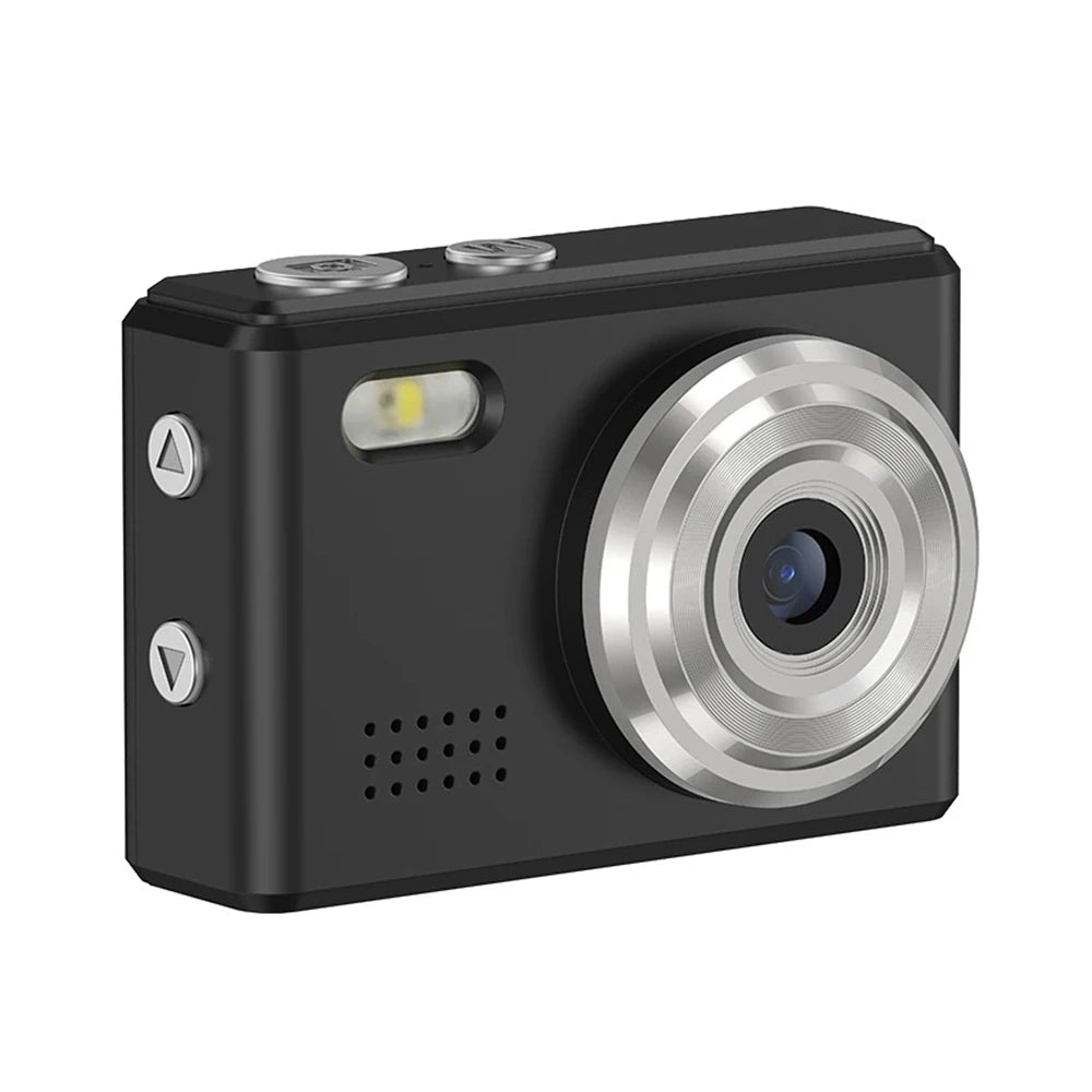 Small black plastic digital camera with a prominent silver circular lens and top-mounted silver control buttons.