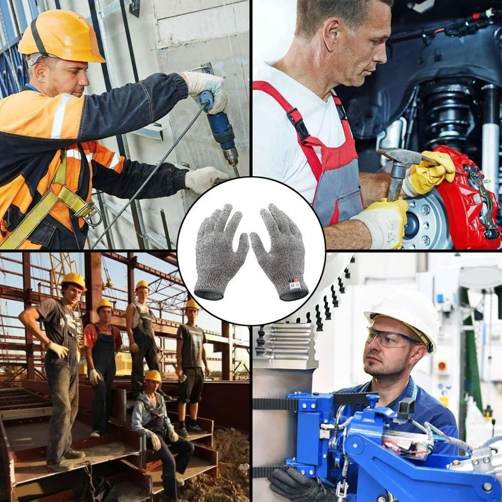 Gray cut-resistant safety gloves with fitted cuffs shown alongside people working in construction and automotive fields.
