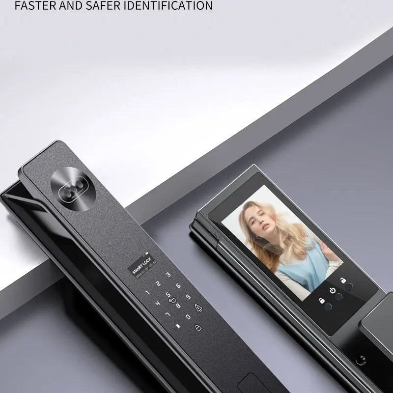Dark grey metal smart door lock with a digital keypad, fingerprint scanner, and integrated video display screen.