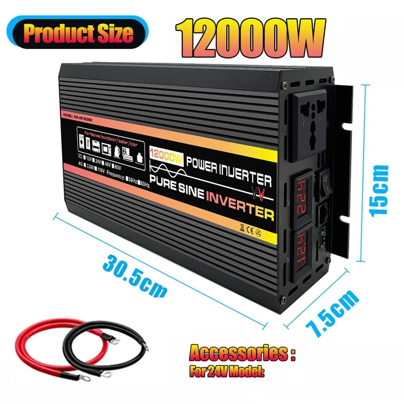 Black 12000W pure sine wave power inverter with digital displays, AC socket, and included red and black power cables.