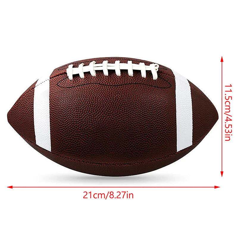Brown American football with white stripes and laces, featuring pebbled texture and labeled dimensions of 21cm by 11.5cm.