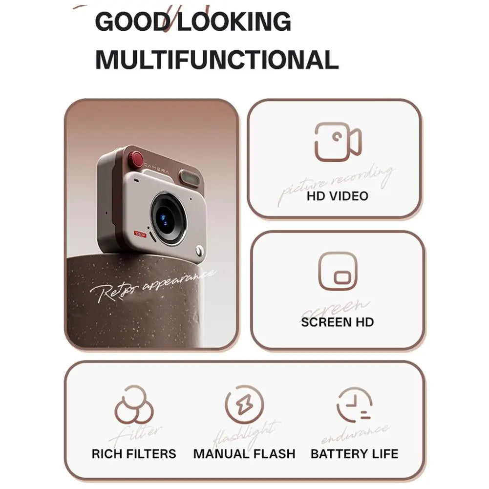 Compact retro-style plastic digital camera in beige and brown, featuring HD video, screen, filters, flash, and battery.