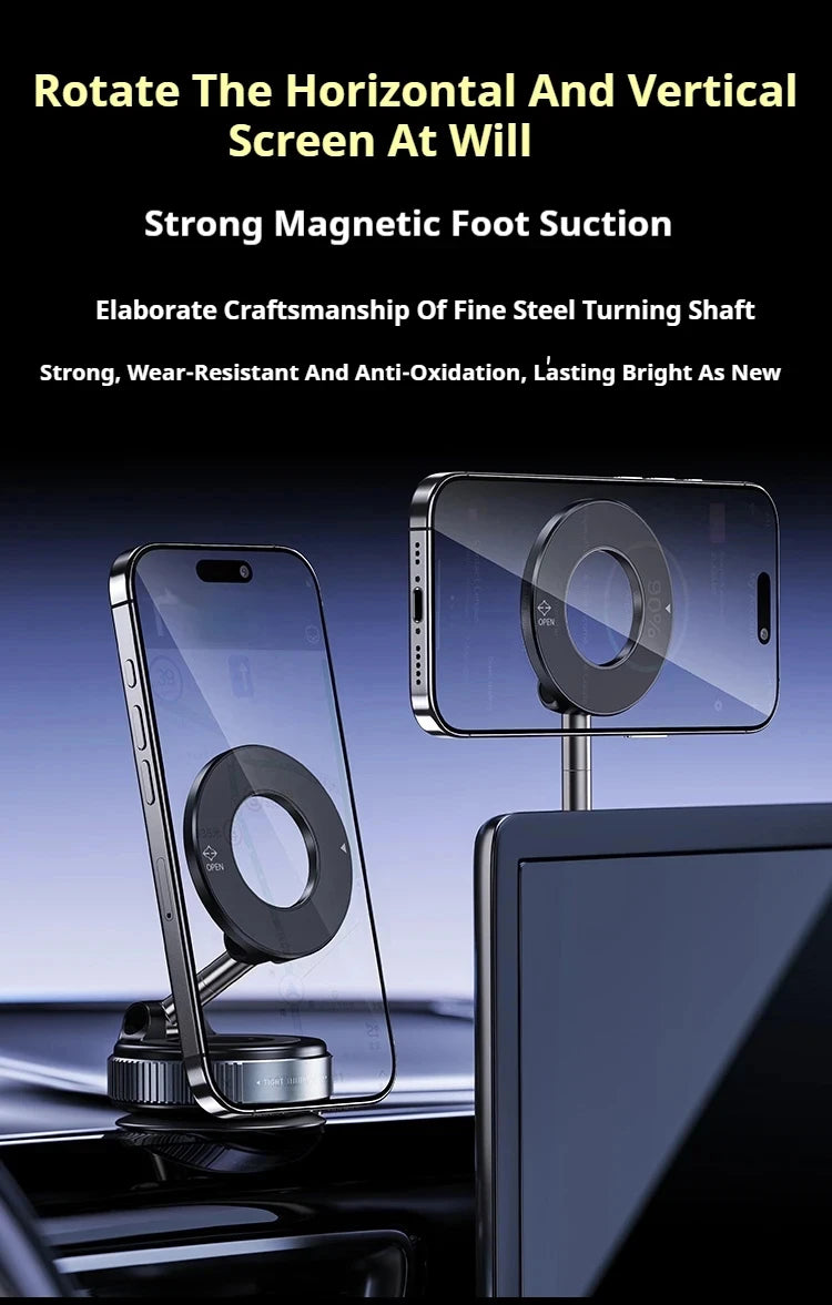 Black magnetic phone mount for cars with an adjustable rotating steel shaft, shown in portrait and landscape modes.