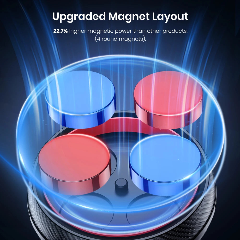 Four round blue and red magnets arranged in a circular pattern, surrounded by a glowing blue magnetic field effect.