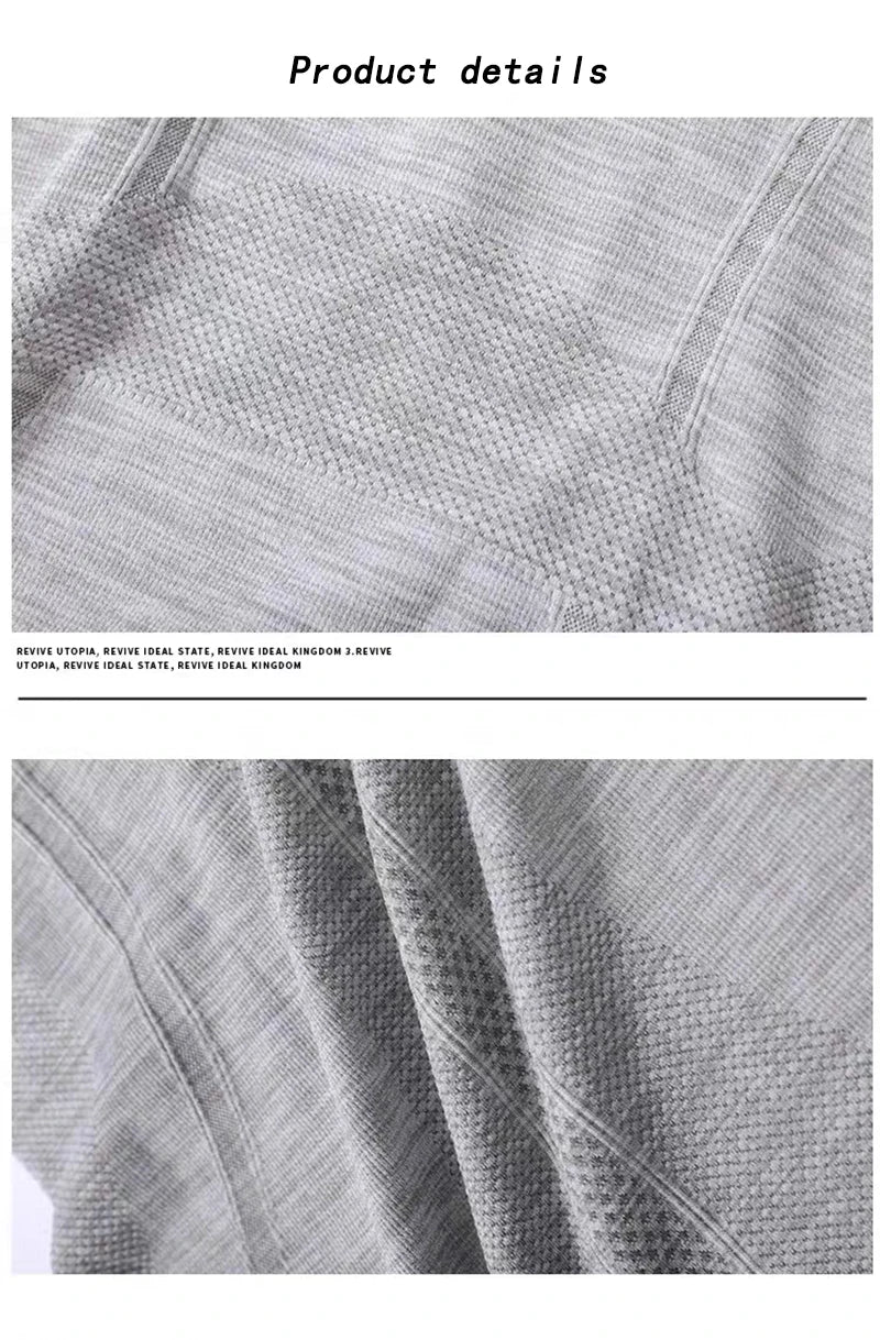 Close-up of light grey seamless gym top fabric featuring textured ventilation panels and a soft, stretchy knit finish.