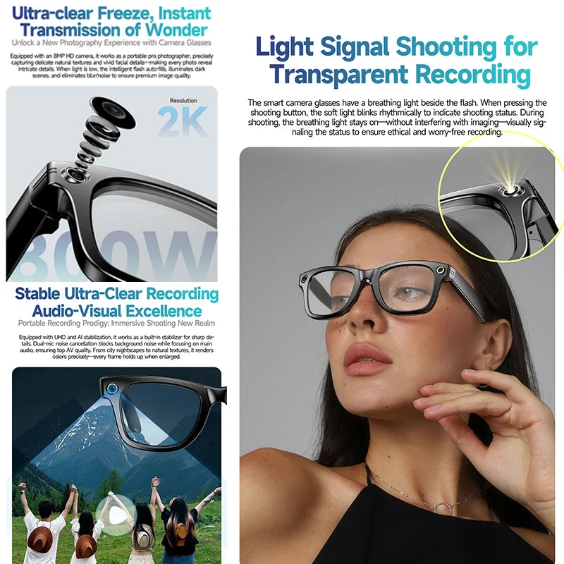 Stylish black smart glasses with an integrated HD camera, featuring a status light indicator for video recording.