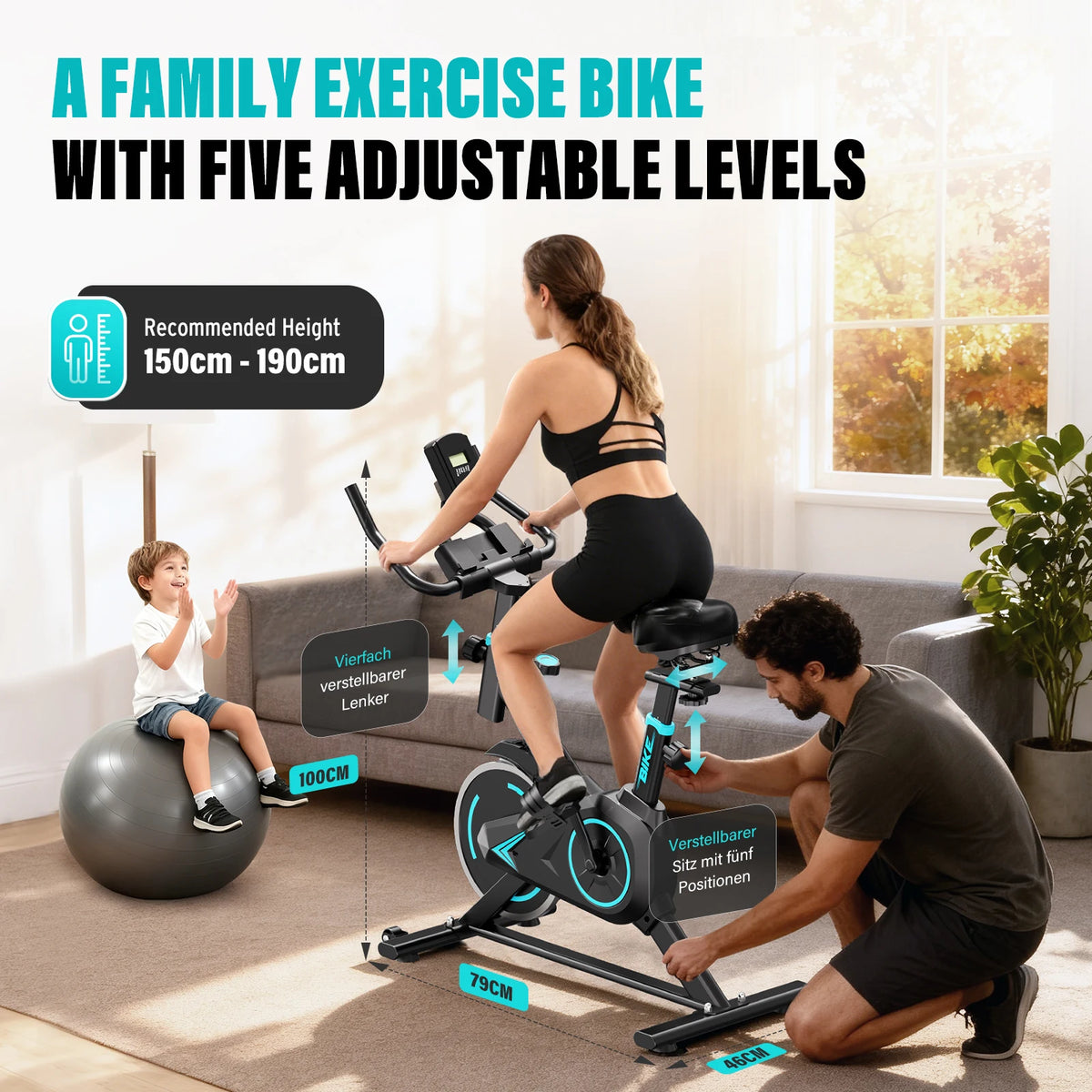 Black upright spin exercise bike with blue accents, digital monitor, and adjustable seat.