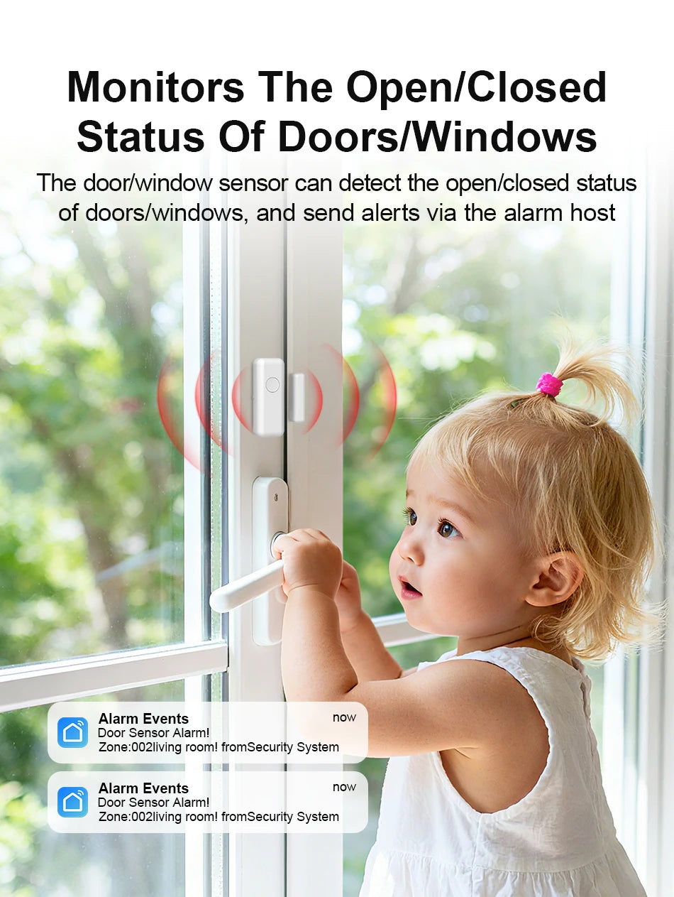 Small white wireless door and window sensor mounted on a frame, alerting a smartphone as a child opens the glass door.