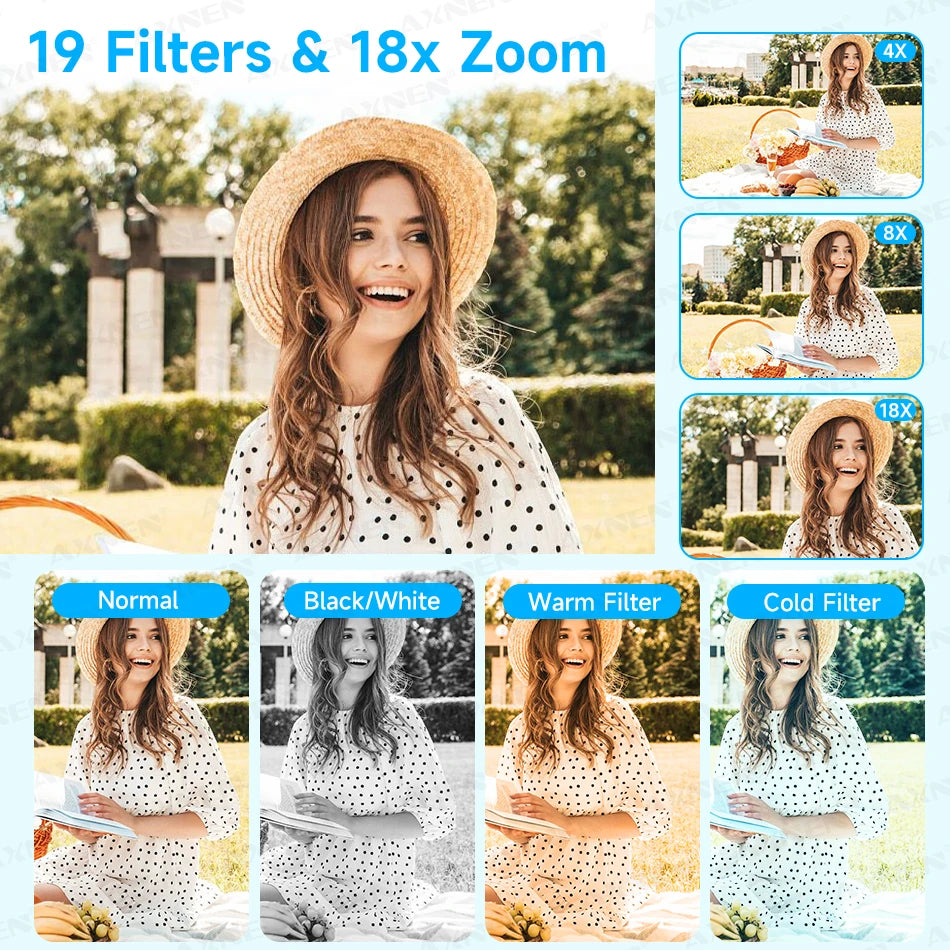 Collage showing a woman in a straw hat and white polka-dot dress demonstrating 18x zoom and various color filters.