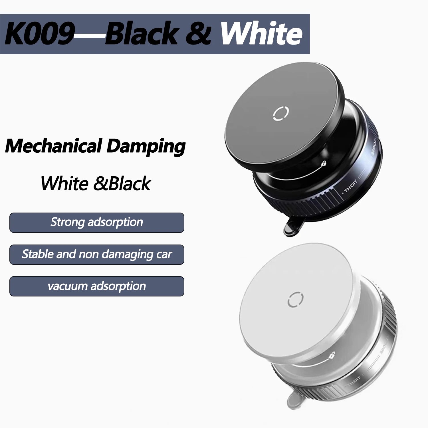Black and white circular mechanical car phone mounts with vacuum suction base design.