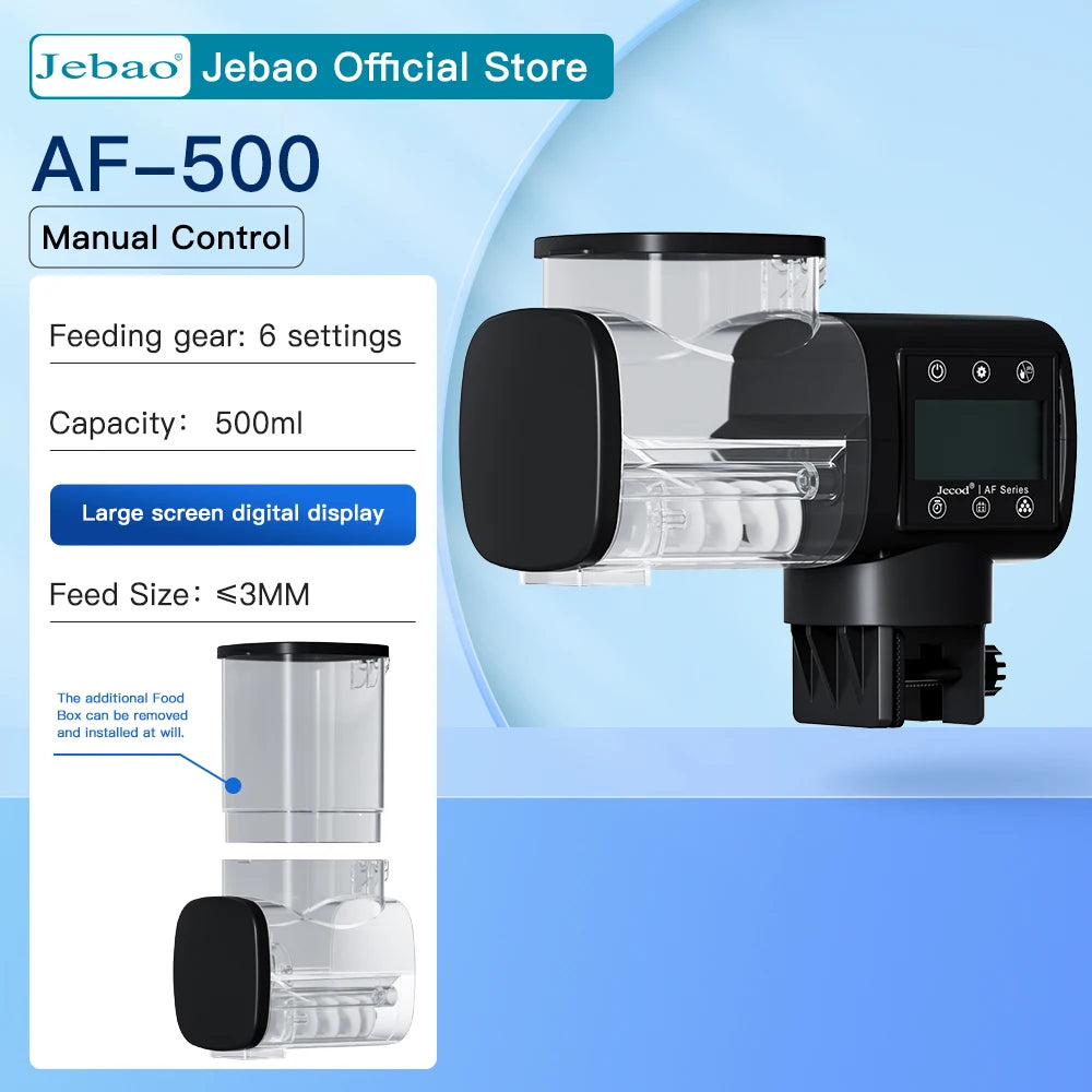 Black and clear automatic fish food dispenser with a 500ml capacity, digital display, and adjustable feeding settings.