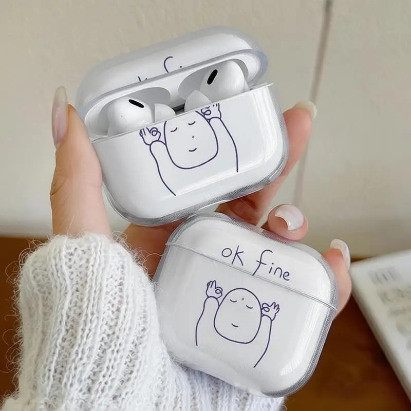 Clear AirPods Pro case with 'ok fine' cartoon doodle print. Slim, durable plastic cover for Apple AirPods.
