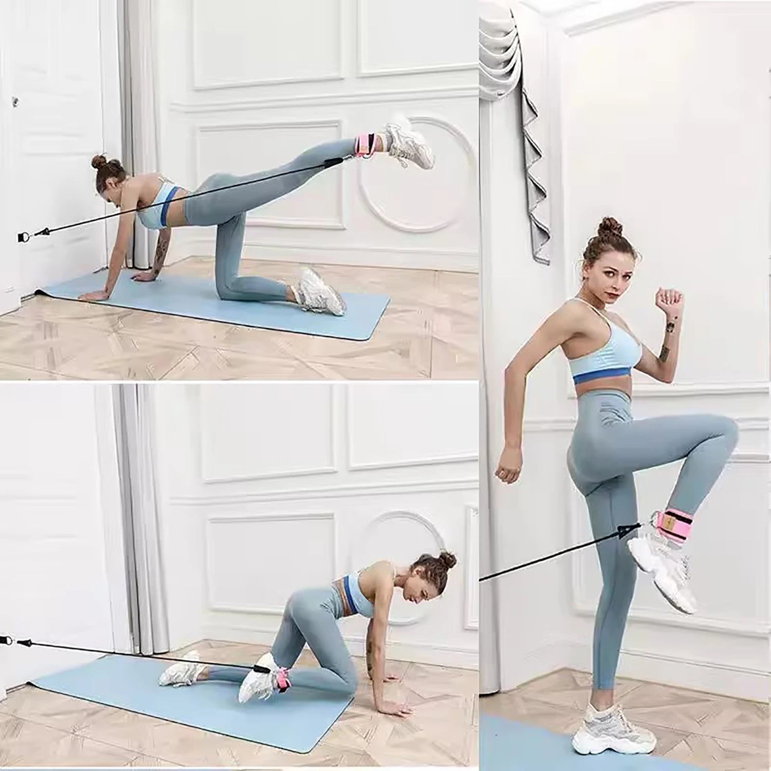 A woman uses pink ankle resistance straps attached to a door-mounted cable for leg exercises on a blue yoga mat.