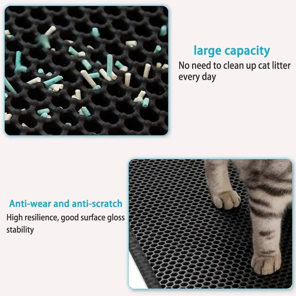Black, double-layer honeycomb cat litter mat with high-resilience, scratch-resistant surface and a cat standing on it.