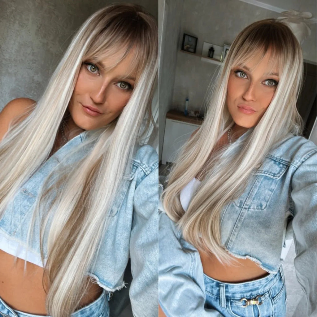 Long silver and blonde highlighted synthetic straight wig with bangs worn by a woman.