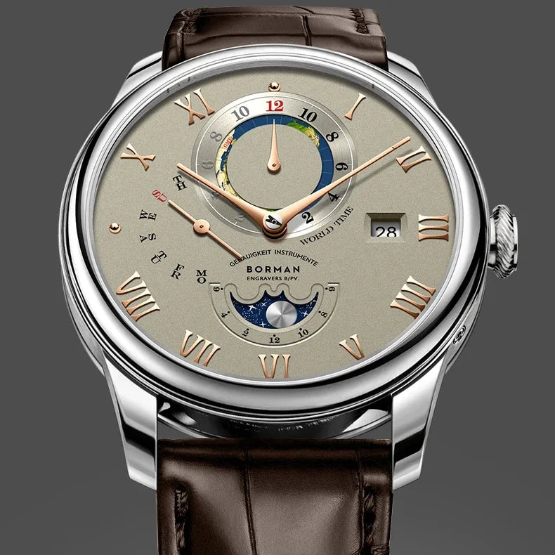 Men's automatic wristwatch with a beige dial, Roman numerals, moon phase display, and a dark brown leather strap.