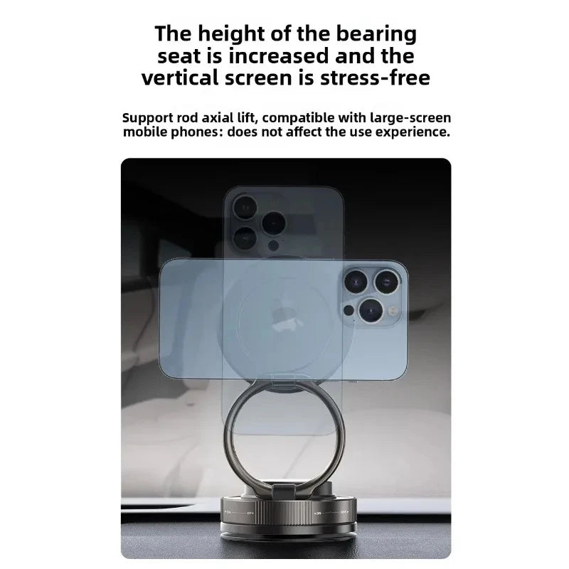 Dark grey circular magnetic phone mount for cars with an adjustable, elevated ring support for large phones.