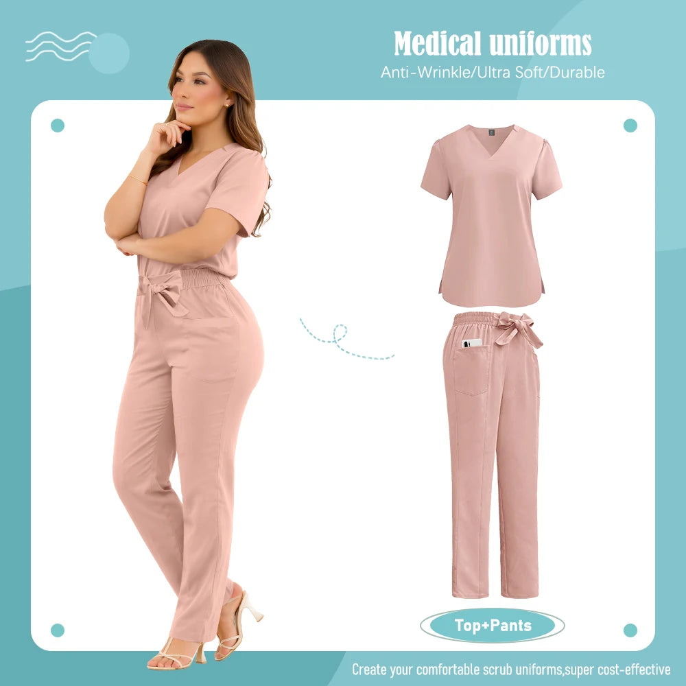 Model wearing a dusty pink medical scrub set featuring a V-neck top and high-waisted trousers with a tie-waist detail.