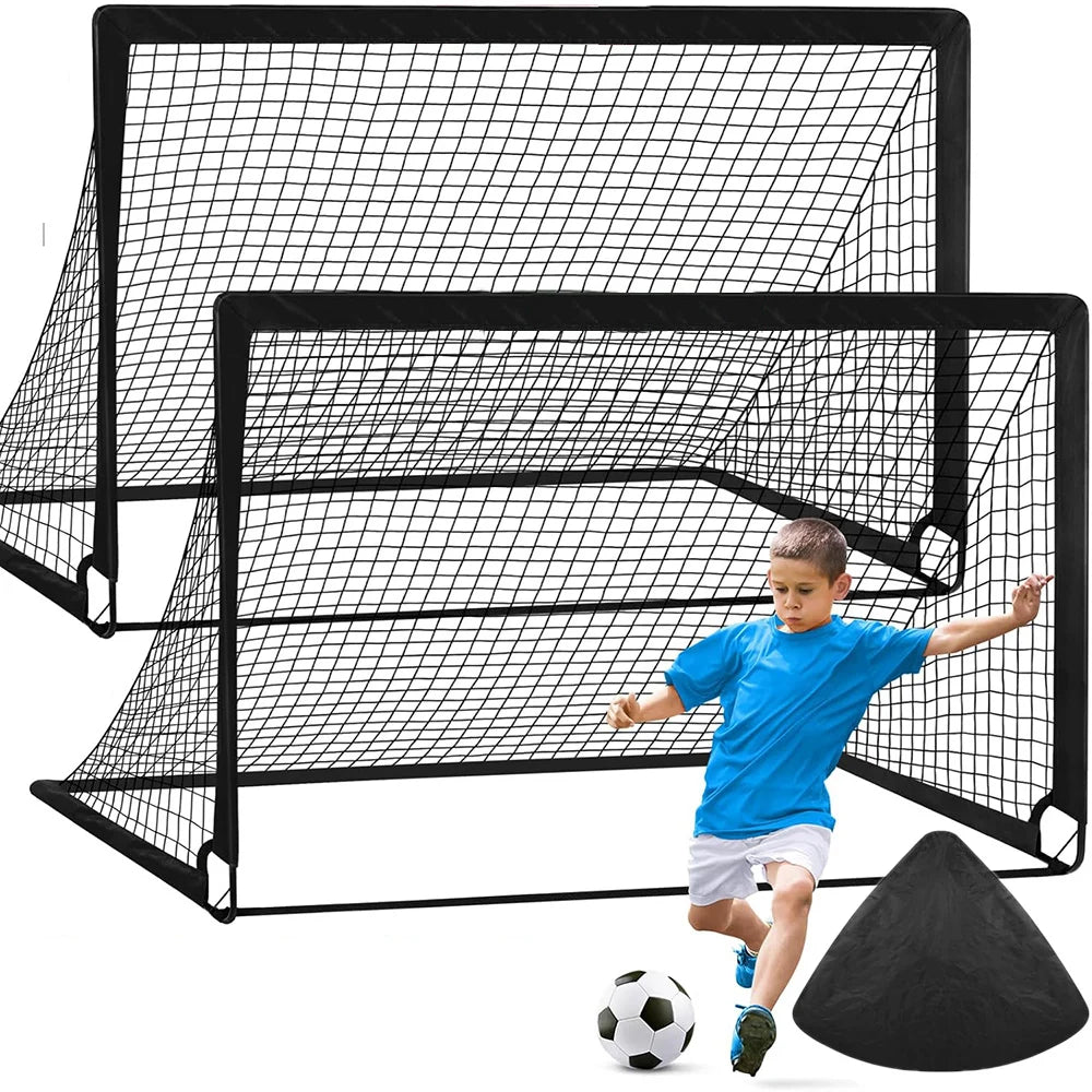 Two black portable football goal nets with a boy playing soccer and a black carry bag on a white background.