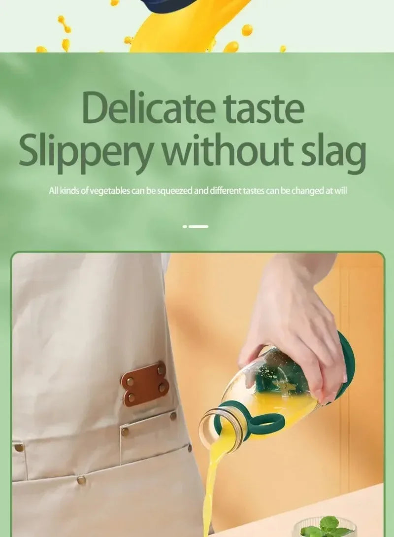Hand holding a portable, clear glass bottle with a dark green silicone base and cap, pouring orange juice.