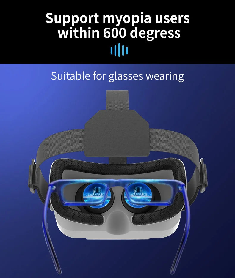 Black and white smartphone VR headset with adjustable grey straps, designed to be worn comfortably over glasses.