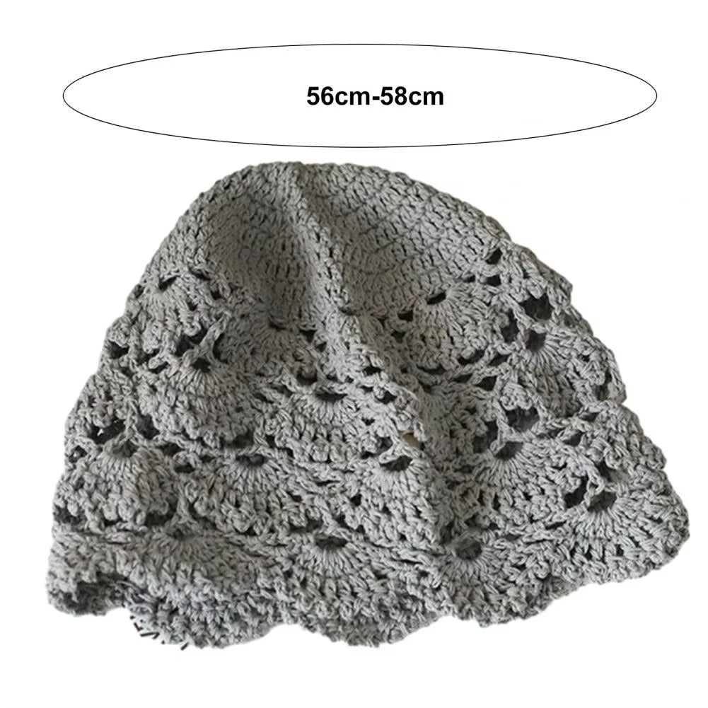 Grey women's crochet lace hat with a hollow, scalloped pattern, suitable for head sizes 56cm to 58cm.