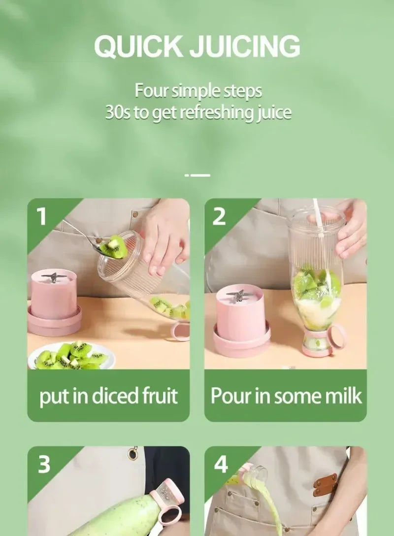 A pastel pink portable blender with a ribbed clear cup, demonstrating a 4-step process for making fruit juice.