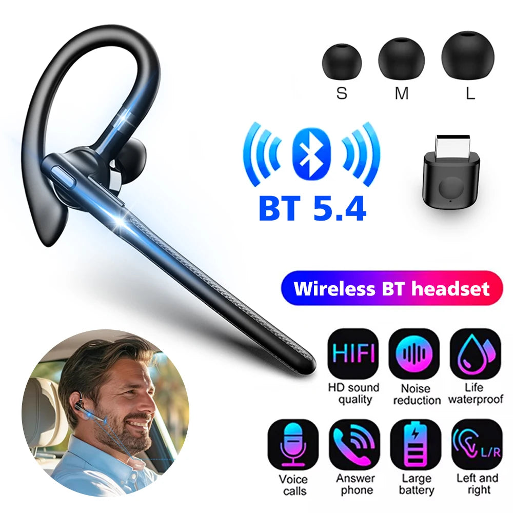 Black wireless Bluetooth ear-hook headset with microphone, including three sizes of eartips and features icons.
