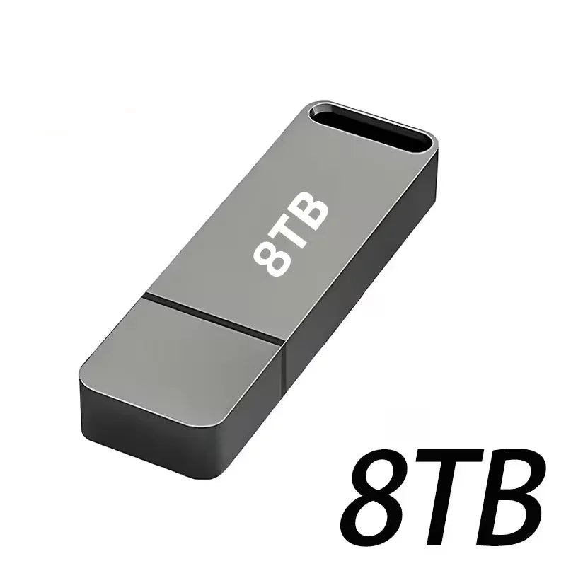 Sleek, dark grey portable flash drive with a rectangular design, keyring loop, and clear 8TB capacity marking.