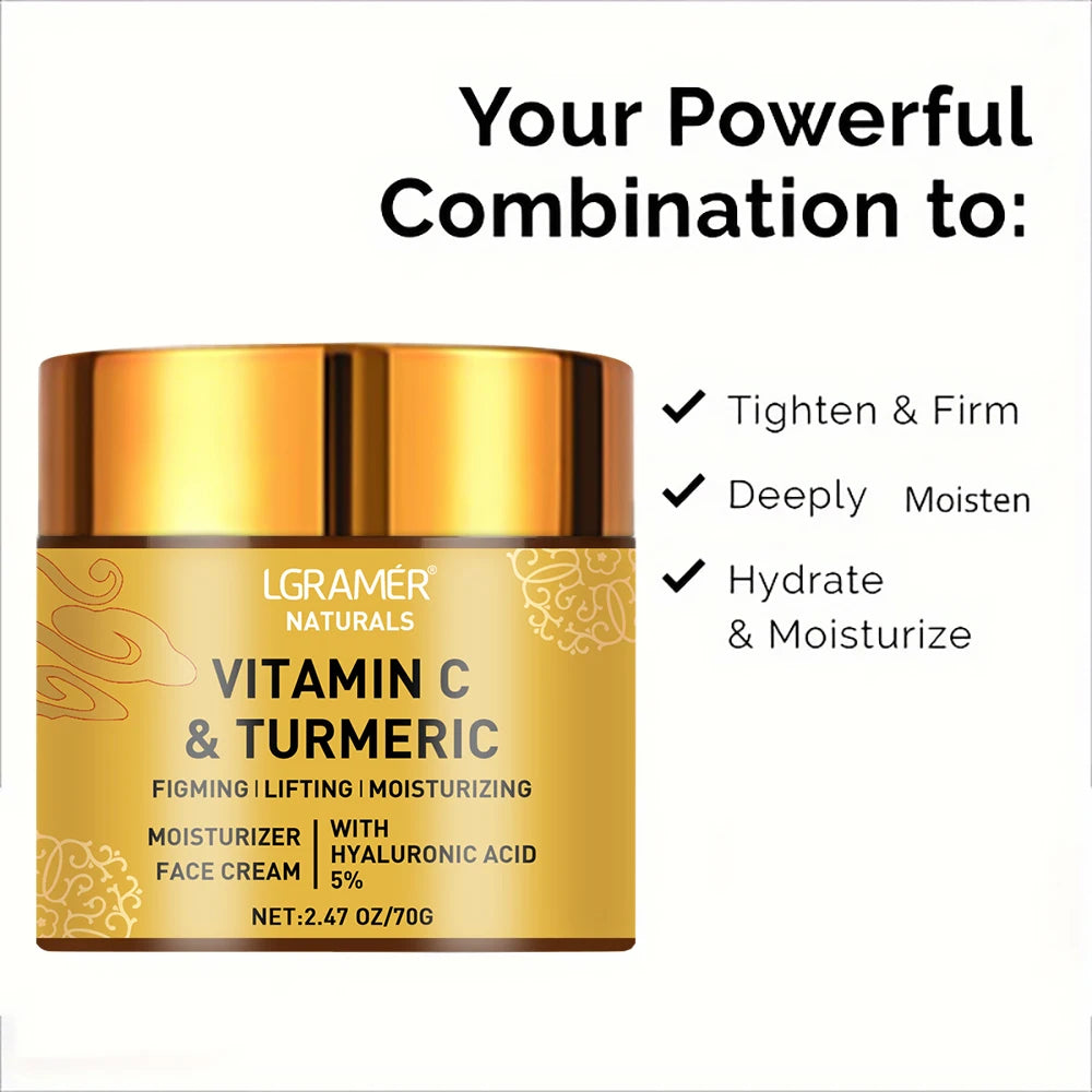 Gold jar of Vitamin C and Turmeric face cream, which tightens, firms, and hydrates skin with hyaluronic acid.