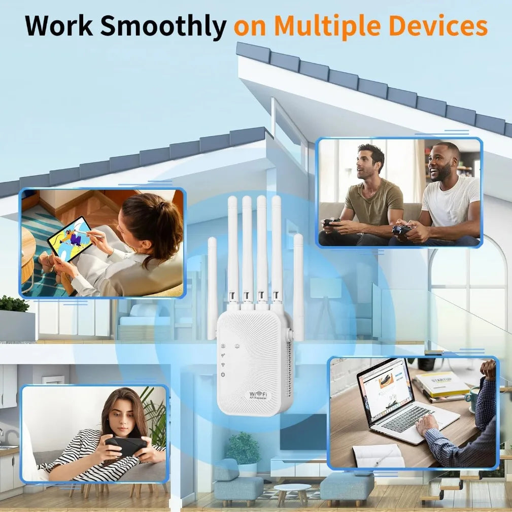 White 1200Mbps WiFi range extender with four antennas, shown supporting multiple people using devices in a home.
