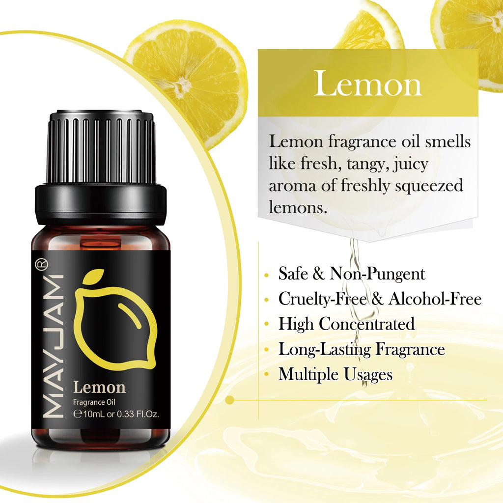 10ml amber glass bottle of lemon fragrance oil with black dropper cap and citrus-themed product information.