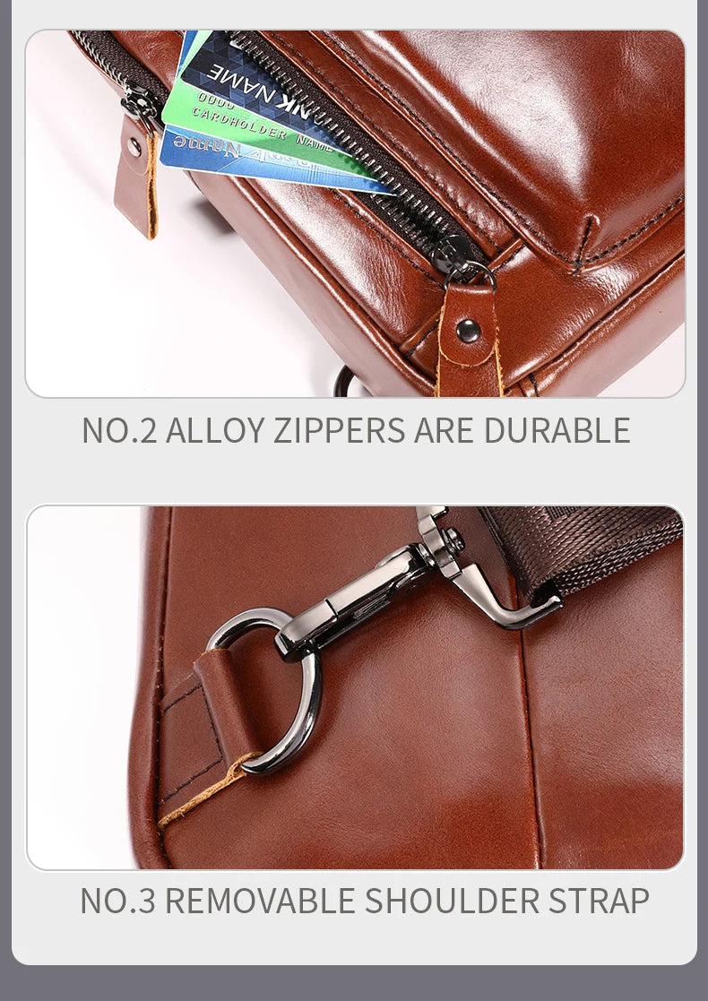 Close-up of a brown leather-style sling bag showing durable metal zips, card storage and a detachable shoulder strap.