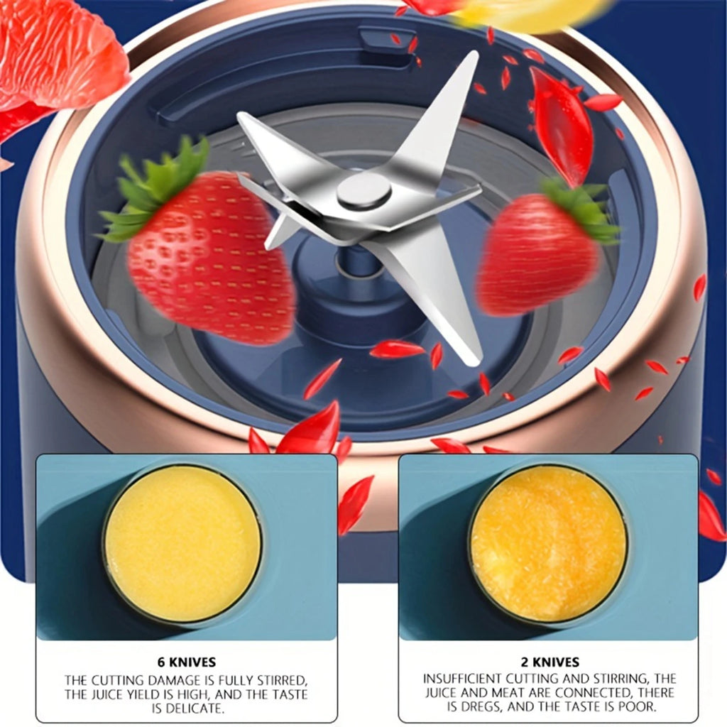 Close-up of a blue and rose-gold blender with sharp blades surrounded by strawberries, comparing two blending results.