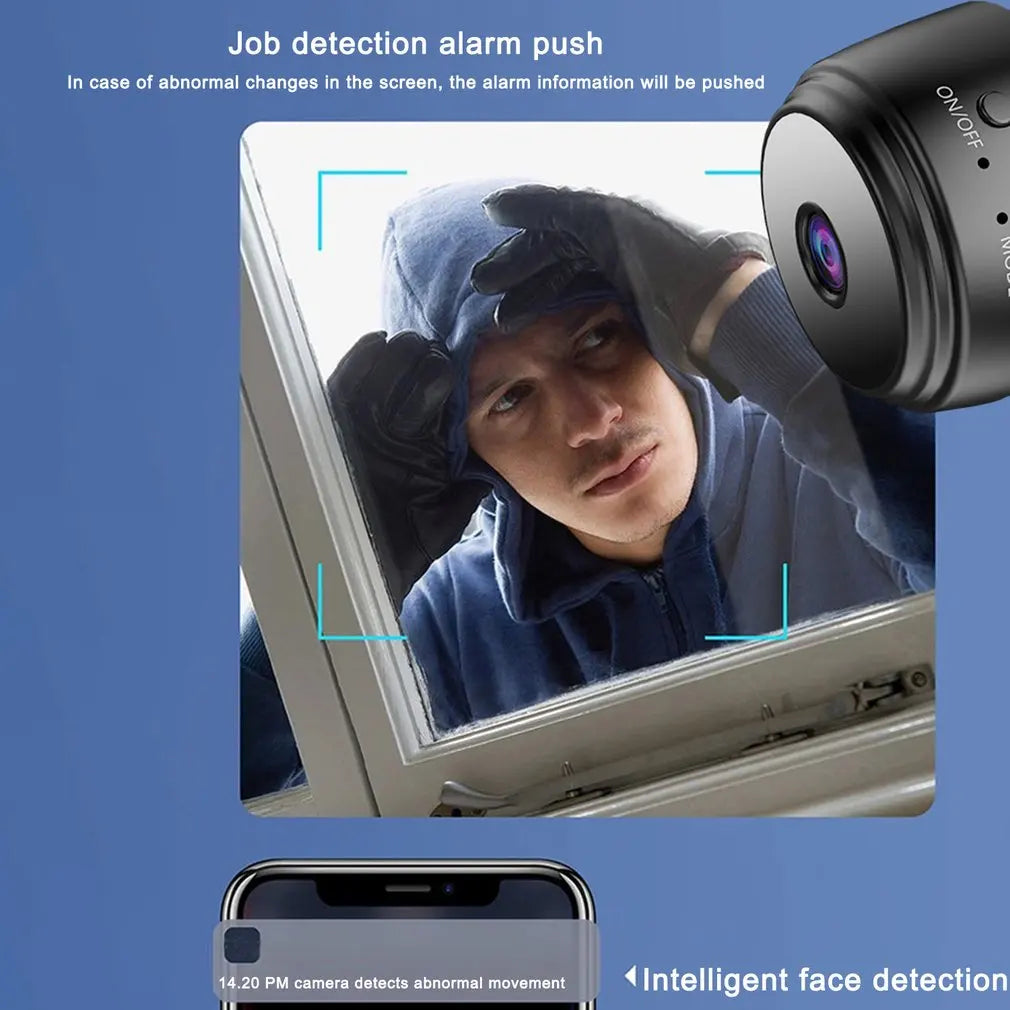 Small black plastic mini surveillance camera with a lens for motion and face detection.