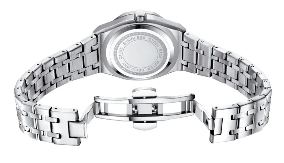 Rear view of a luxury women’s silver stainless steel analogue watch with a polished deployment clasp and link strap.