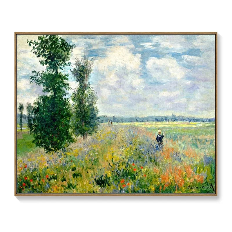 Impressionist-style wall art meter box cover featuring a colourful landscape painting in a slim, light-wood frame.