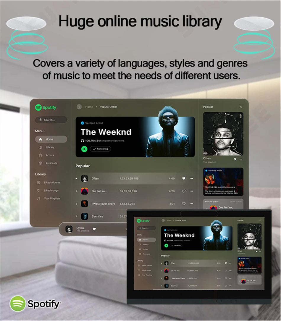 7-inch black in-wall Android touch screen displaying a music app interface with song lists and artist imagery.