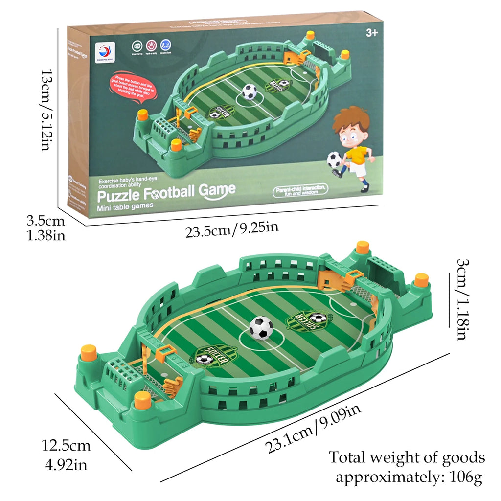 Green tabletop mini football game with manual ball-shooting buttons, goal nets, and field markings.