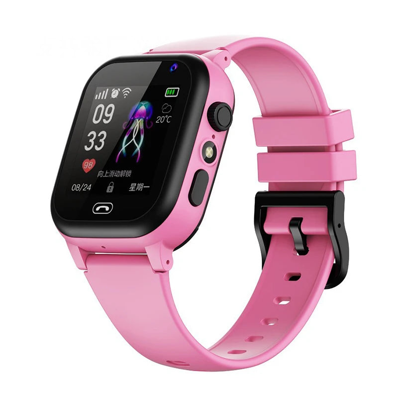 Pink kids' smartwatch with a digital touchscreen, built-in camera, and comfortable silicone strap.