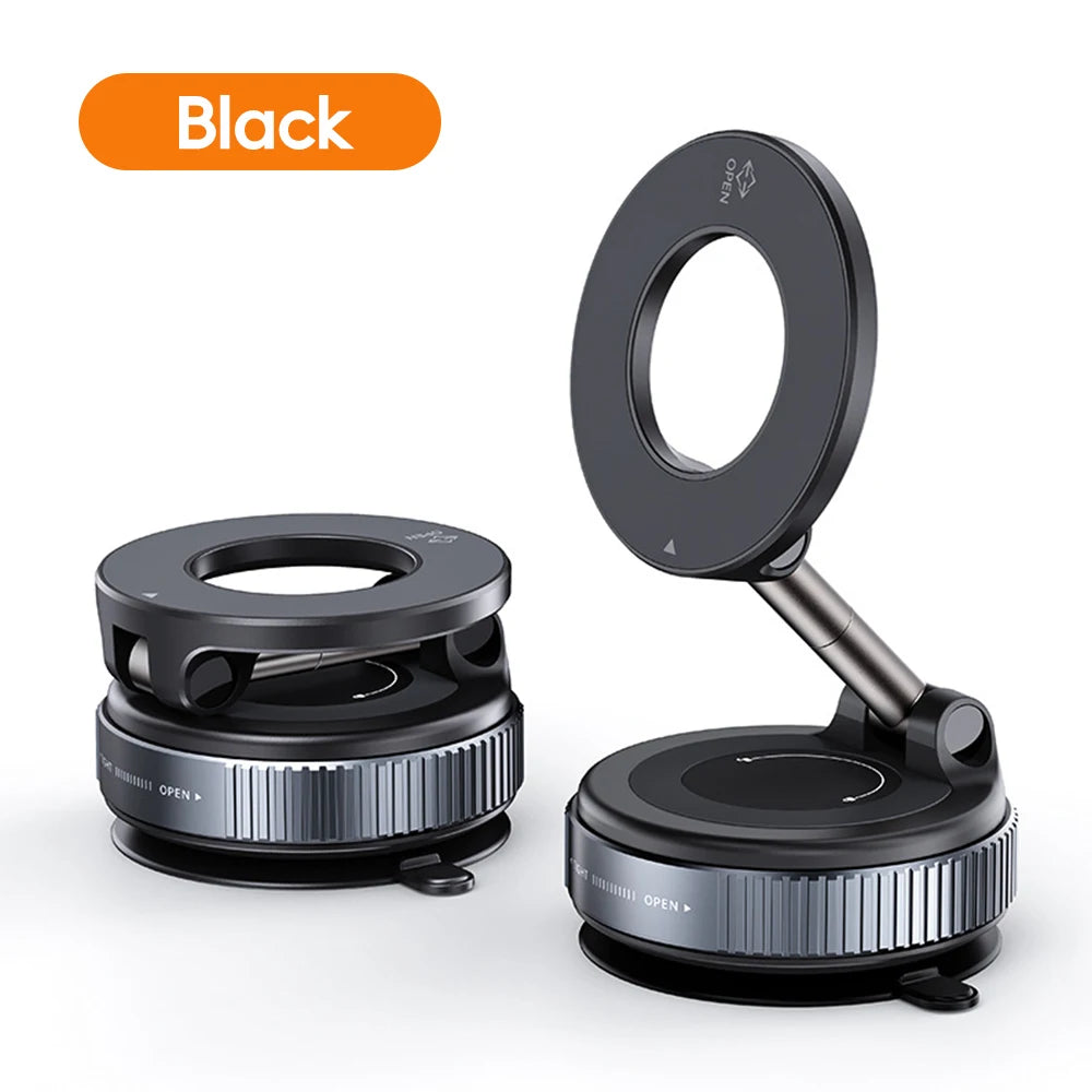 Two black, adjustable circular phone stands with metallic silver ribbed bases, shown folded and extended.