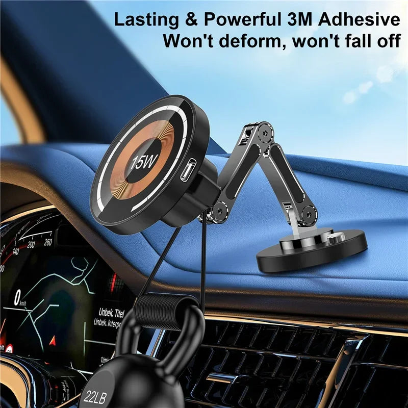 Black, foldable magnetic car phone mount with an adjustable arm, shown attached to a car dashboard with a 22lb weight.