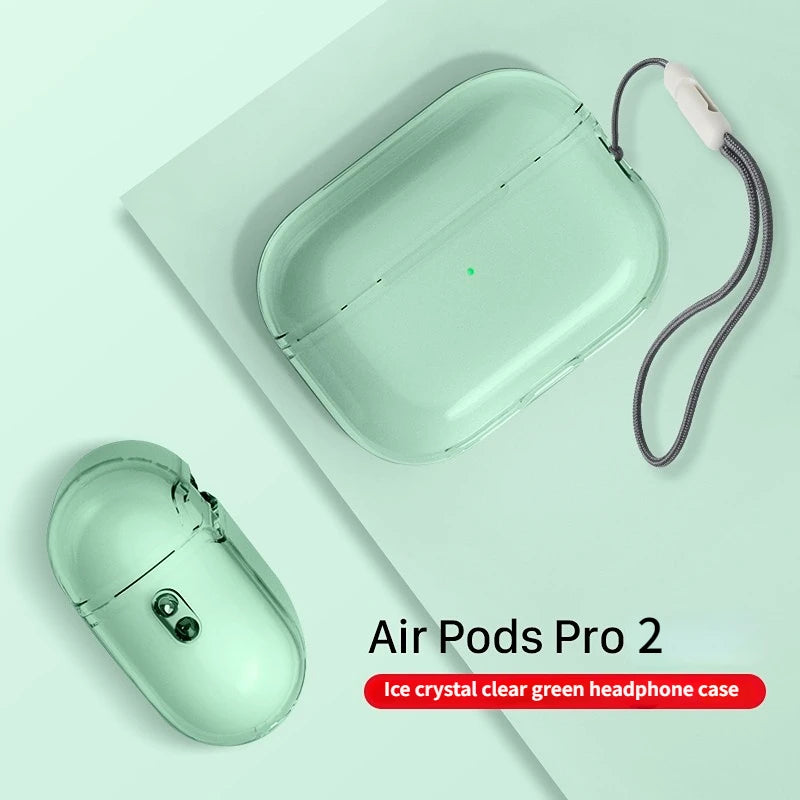 Clear green, crystal-style protective case for AirPods Pro 2, featuring a detachable wrist lanyard.