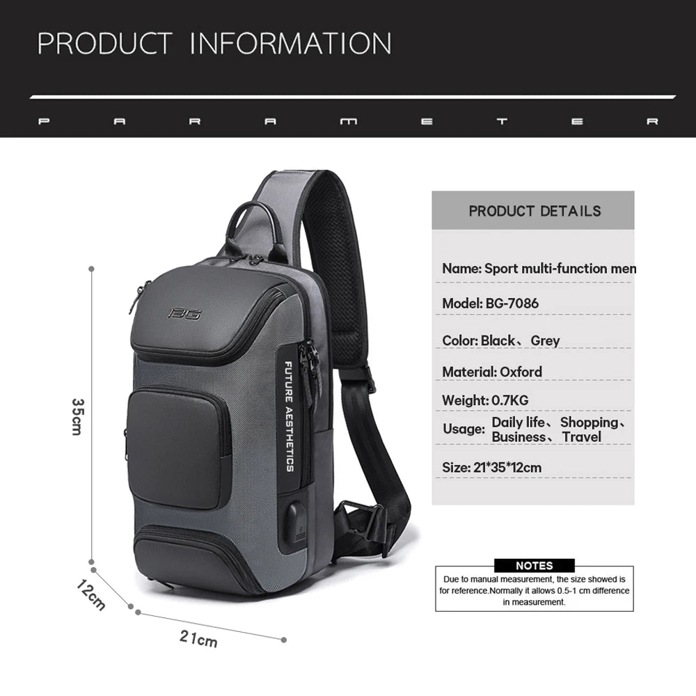 Grey and black multifunctional crossbody sling bag with multiple compartments and a USB port.