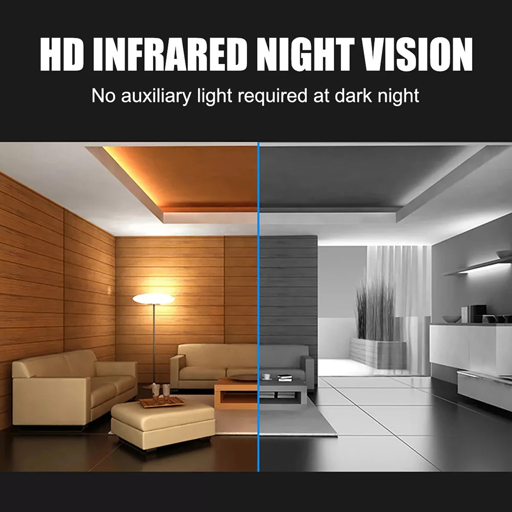 Split image showing a living room in color versus a grey infrared night vision camera view.