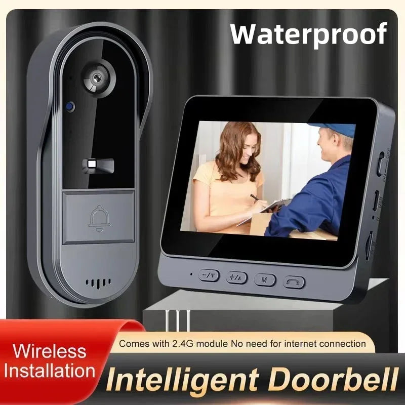 Grey wireless video doorbell with a 4.3-inch screen showing a delivery, featuring waterproof design and night vision.